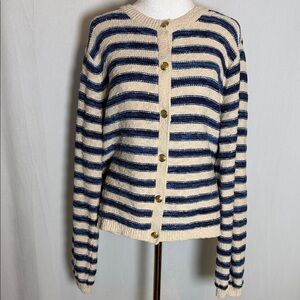 J Crew Striped Ivory and Navy Slub Cardigan Sweater Size XL Nautical Preppy EUC